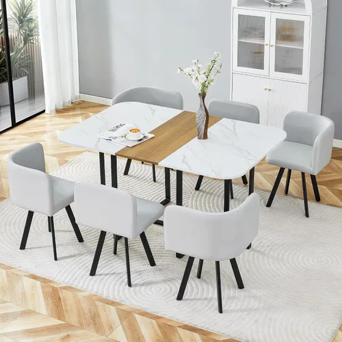Miniatura 6 de Juego de mesa de comedor para 6, mesa de cocina de mármol y madera sintética de 60 pulgadas con 6 sillas de piel sintética, moderno juego de mesa