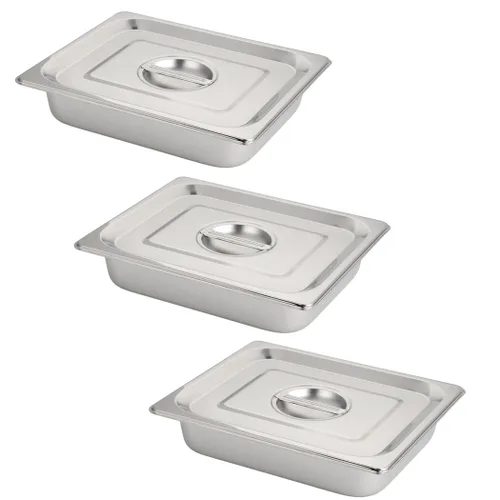 Paquete de 3 bandejas de hotel de tamaño medio con tapa, bandejas de mesa de vapor de 2.5 pulgadas de profundidad para restaurante, cafetería,