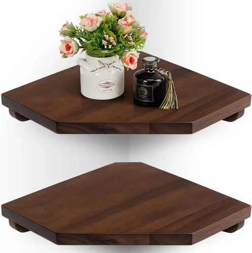 Miniatura 9 de Demigo Estante esquinero para montaje en pared, juego de 2 estantes flotantes de madera de acacia maciza de 11.8 x 16.5 pulgadas, suaves