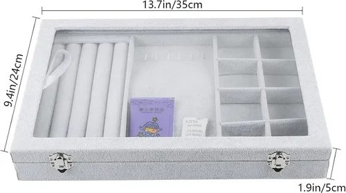 Miniatura 4 de STYLIFING Tapa transparente 3 en 1, bandeja de joyería, aretes, collar, caja de almacenamiento, soporte apilable, exhibición de terciopelo de hielo