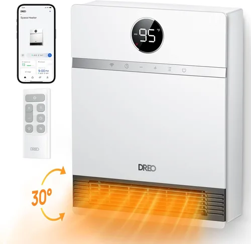 Dreo Calentador de pared inteligente, calentadores eléctricos PTC IP24 para uso en interiores, oscilación de 30°, termostato ajustable, control