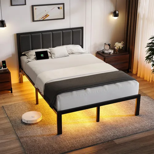 Miniatura 7 de OLEVS Marco de cama matrimonial con cabecero, plataforma de metal, tamaño completo con estación de carga USB y luces LED, no necesita somier