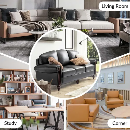 Miniatura 5 de HULALA HOME Sofá de cuero genuino de 3 plazas, sofá tradicional para sala de estar con patas de madera maciza talladas, color negro