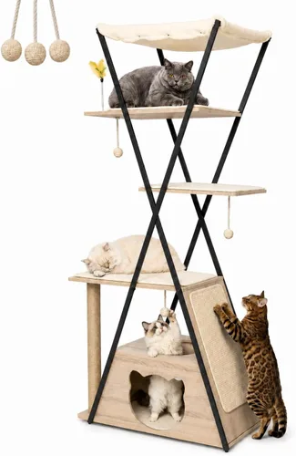 Miniatura 11 de Árbol moderno de madera para gatos grandes de 71 pulgadas, torre alta y resistente para gatos de interior, muebles para gatos de varios niveles