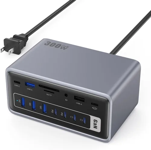 Estación de acoplamiento USB 20 en 1, estación de carga de 300 W, concentrador USB-C de triple pantalla con HDMI 2x4K, DP, VGA, Ethernet, 7 puertos