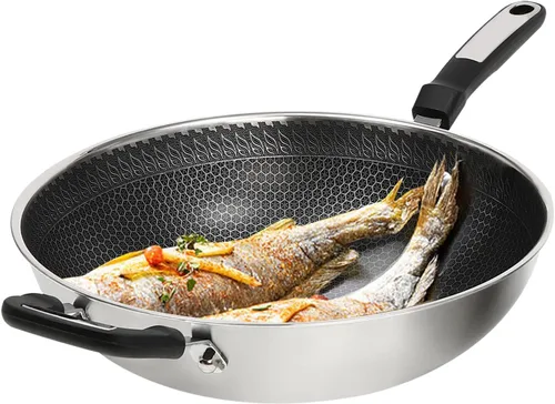 LYNICESHOP Sartén de wok antiadherente de acero inoxidable, sartén de wok de acero al carbono con tapa y olla de vapor, wok de panal de abeja de