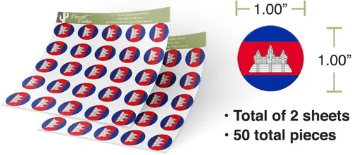 Miniatura 3 de Desert Cactus Adhesivo de vinilo con la bandera de Camboya de 1 pulgada, redondas, dos hojas, 50 piezas en total, con logotipo de niños, álbum
