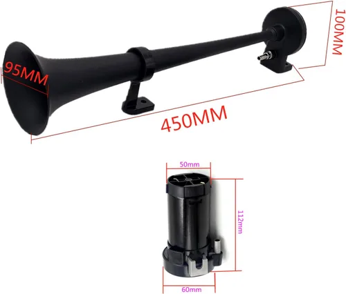 Miniatura 7 de Bocina de aire de 12 V 150 DB Bocina de coche 17.7 in Altavoz de coche Negro Cromo Zinc Trompeta simple Bocina súper fuerte con bomba de aire Bocina