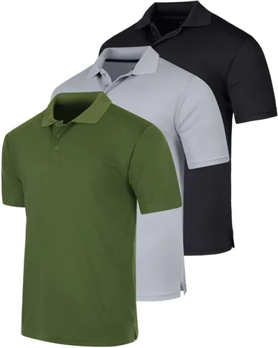Real Essentials - Paquete de 3 Camisa tipo Polo de manga corta para hombre, de secado rápido y de rendimiento atlético (disponible en tallas grandes