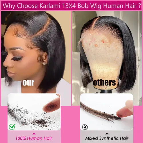 Miniatura 2 de Peluca Bob de encaje frontal de 13x4 de Karlami, peluca de cabello humano con encaje frontal transparente, sin pegamento, prearrancada, para Cabello