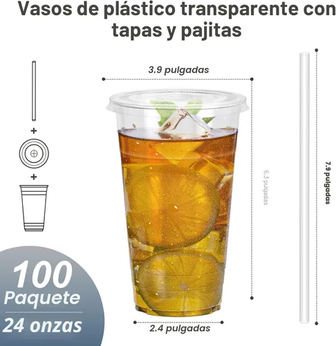 Miniatura 2 de Dealusy Paquete de 100 unidades - Vasos de plástico transparente de 24 onzas con tapas y pajitas, vasos de café helado resistentes y aptos