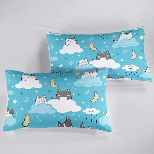 Miniatura 6 de QOOMO - Juego de edredón de tamaño individual con gatos, juego de edredón azul con nubes para niños, adolescentes, niñas y niños, juego de cama de 3