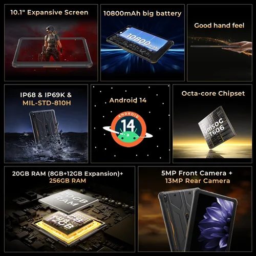 Miniatura 4 de HOTWAV R10 Pro 2025 Tableta Resistente Android 14 - 10.1 Pulgadas HD+ 10800mAh Tableta Impermeable, 20GB RAM+256GB ROM/1TB TF Tablets