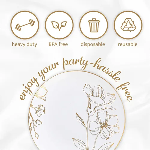 Miniatura 4 de PLASTICPRO Platos de plástico blanco con diseño floral con borde dorado, platos desechables elegantes y pesados de primera calidad