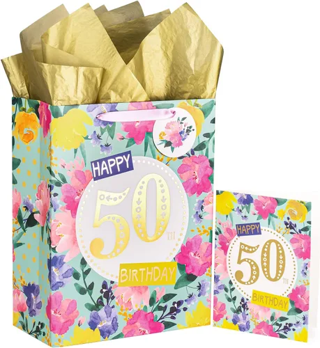 WRAPAHOLIC Bolsa de regalo grande de cumpleaños de 13 pulgadas con tarjeta y papel de seda, diseño floral de 50 cumpleaños Dorado Floral 50