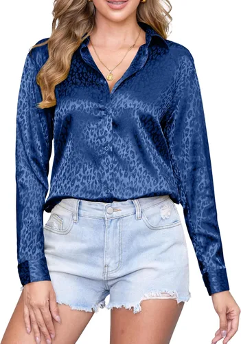 Miniatura 15 de CUNLIN Camisas de satén de seda suave con botones de leopardo para mujer, camisa de trabajo de manga larga de seda, blusas de vestir, tops
