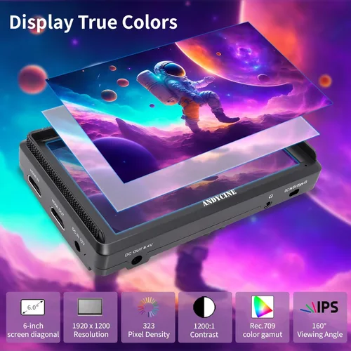 Miniatura 3 de ANDYCINE Monitor de campo HDMI A6 V2 de 6 pulgadas 1920 x 1080 con brazo de inclinación HDMI de entrada y salida 4k, salida de potencia, batería