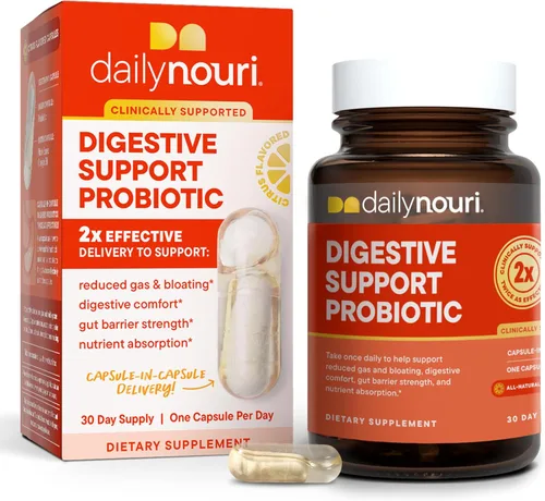 Daily Nouri Probióticos de apoyo digestivo para mujeres y hombres | Hinchazón y alivio de gases | 3 cepas clínicamente estudiadas + Omega |