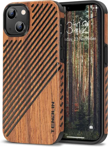Miniatura 8 de TENDLIN Funda magnética para iPhone 13 Pro - Funda híbrida de TPU de cuero de grano de madera con compatibilidad MagSafe