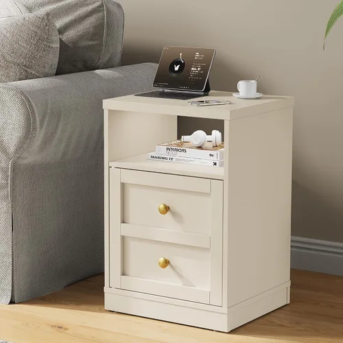 RoyalCraft Mesa auxiliar con estante de almacenamiento y puerta, diseño de dos cajones de imitación Nightatsnd, mesa auxiliar de madera para
