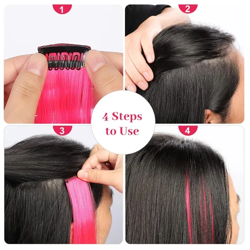 Miniatura 5 de 12 extensiones de cabello sintético lacio de colores de 22 pulgadas con pinza, para fiestas, para mujeres, niños y niñas, rosa C Rosa intenso