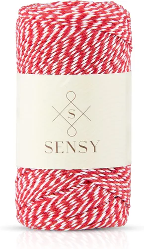 Sensy - Cordón de algodón a rayas para panaderos de alta calidad para manualidades y envoltura de regalos (rojo y blanco)