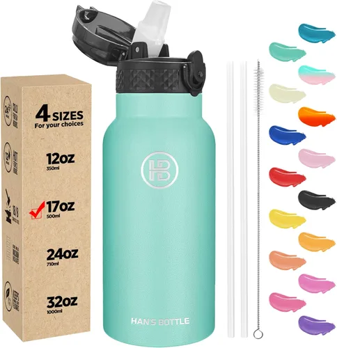 Miniatura 51 de Han's Bottle - Botella de agua para niños con tapa con pajilla - Vaso reutilizable de acero inoxidable aislado para niñas, niños, taza termo, 17
