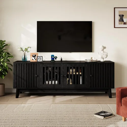GarveeHome Soporte de TV moderno de mediados de siglo, soporte de TV de 63 pulgadas para sala de estar con salida de energía y estantes ajustables,
