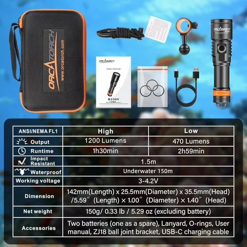 Miniatura 8 de ORCATORCH D530V 1200 lúmenes de luz de video subacuática, linterna de buceo de haz súper ancho de 120°, 2 modos con rótula ZJ18, IP68 impermeable