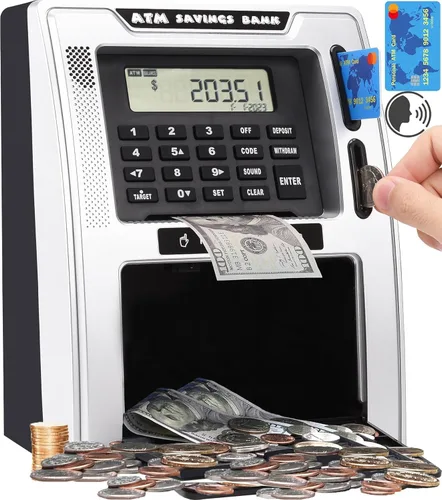Fishboy Caja de ahorros parlante estilo cajero automático para niños con dos tarjetas de débito, memoria de apagado, cajón de apertura automática