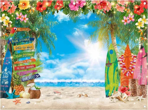 Fondo de fotografía de playa hawaiana de verano de 8 x 6 pies, flores tropicales, hojas de palma, fondo de tabla de surf para Luau Aloha decoración
