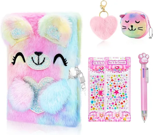 Miniatura 8 de homicozy Diario de unicornio para niños con cerradura y llave, diario difuso de teñido anudado para niñas de 6 años en adelante, cuaderno de tapa