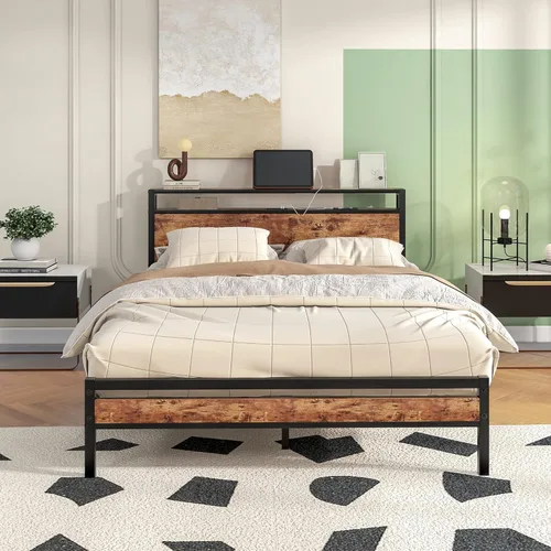 Miniatura 10 de HOJINLINERO Base de cama individual con cabecera de almacenamiento, plataforma de metal con estación de carga, no necesita somier, soporte de Roble