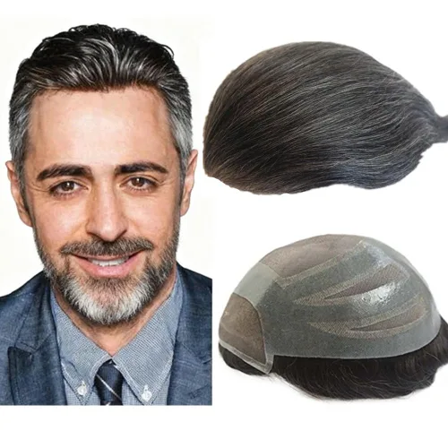 Miniatura 12 de 1B20 unidades de cabello gris Toupee para hombres piezas para hombre NLW sistema de reemplazo de heredero humano europeo para hombres 10x8 "toupee