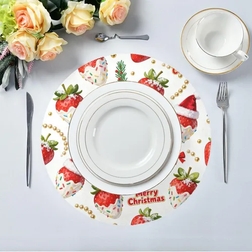 Miniatura 4 de Merry Christmas Red Strawberry Round Place mat Christmas Reversible Quilted placemat individuales para mesa de comedor Rose Gold 15.4x15.4in Set of 6