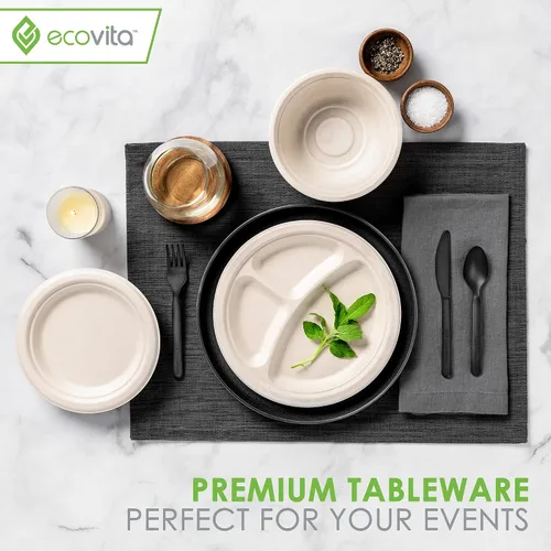 Miniatura 6 de Ecovita Juego de cubiertos desechables 100% compostables - 380 tenedores, cucharas y cuchillos grandes (17.8 cm) Utensilios ecológicos duraderos