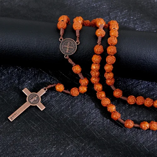 Miniatura 4 de KOMI Rosarios católicos de madera hechos a mano, collar de cuentas de rosario de madera de Belén, oración cristiana, medalla de tierra santa y cruz
