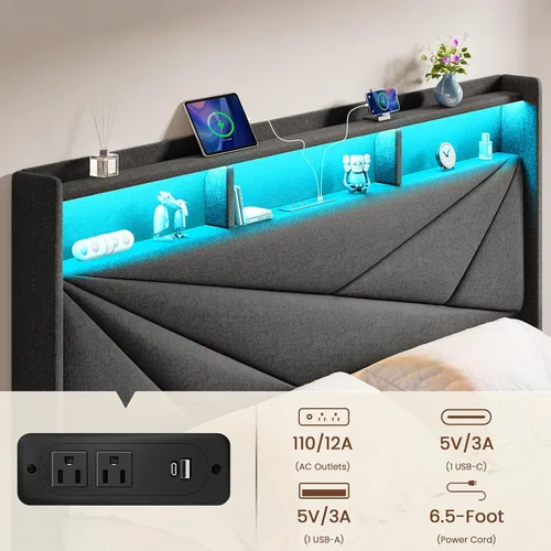 Miniatura 4 de Driftalia Base de cama de tamaño completo con cabecera de almacenamiento de 2 niveles, base de cama de tamaño completo tapizada con 2 cajones