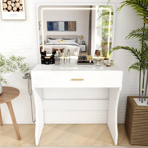 Miniatura 8 de Escritorio de tocador, tocador de maquillaje con espejo y luces, mesa de maquillaje blanca con cajón grande, toma de corriente, eslabones más