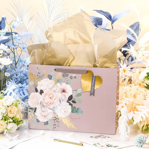 Miniatura 4 de MAYPLUSS Bolsa de regalo extra grande de 16 pulgadas con tarjeta de felicitación y papel de seda para boda, cumpleaños, diseño floral dorado