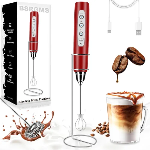 Miniatura 10 de BSRGMS Espumador de leche de mano para café, batidor eléctrico de 3 velocidades ajustables, mezclador de bebidas con 3 batidores de acero