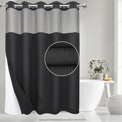 Miniatura 13 de VIUOON Cortina de ducha sin gancho de tejido de sarga con juego de forro de tela a presión, estilo hotelero con ventana superior transparente, tela