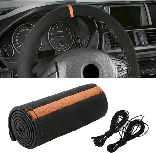 Miniatura 6 de Funda para volante de automóvil, protector envolvente completo de gamuza suave para volante con costura, con aguja e hilo, agarre cómodo, accesorios