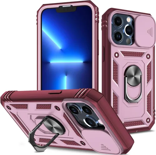 Miniatura 37 de Korecase Funda de protección para iPhone 12 Pro Max Kickstand con cubierta para lente de cámara, deslizante, grado militar, resistente, de doble Rosa