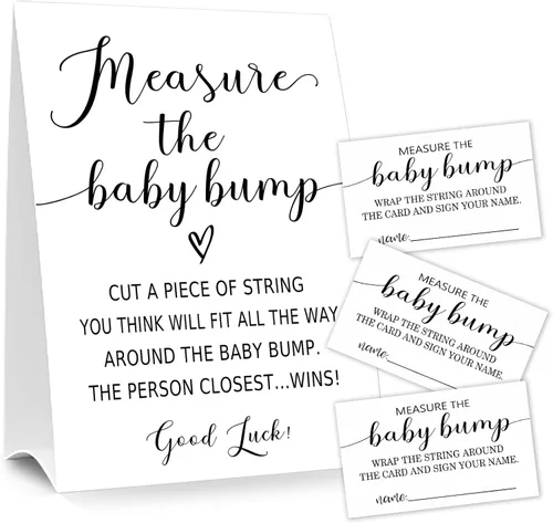 Miniatura 9 de Letrero de Baby Shower Games Measure the Baby Bump, How Big is Mommy's Belly Party Favors, cartel de pie Kraft de 5 x 7 pulgadas y 50 tarjetas