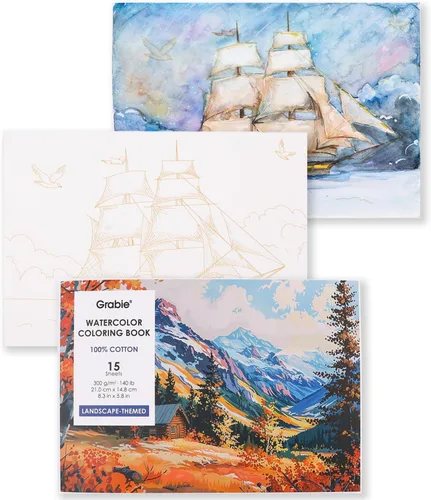 Miniatura 9 de Libro para colorear con acuarelas Grabie, 15 hojas A5 (21 cm x 15 cm), Libro de acuarelas para adultos: enciende tu expresión artística en papel B5