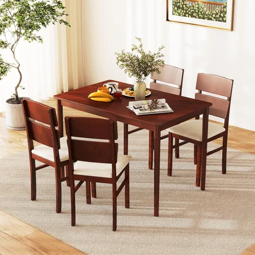 Miniatura 5 de Giantex Juego de mesa de comedor de 5 piezas para 4, mesa de comedor rectangular de granja con 4 sillas tapizadas, respaldo alto curvo, patas