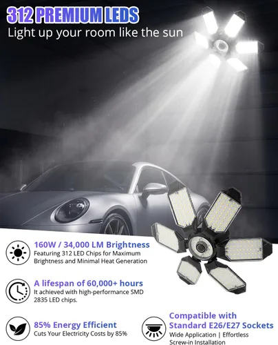 Miniatura 2 de Tudoccy Luces de garaje, paquete de 2 luces LED de techo de garaje de 34000 lúmenes, 6500 K, luz LED para tienda, 6 paneles ajustables, bombilla