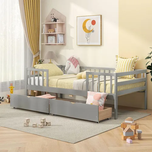 Giantex Cama individual para niños con cajones de almacenamiento, cama Montessori de madera con rieles y estante lateral, sofá cama baja para niños
