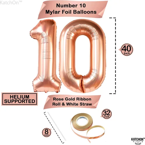 Miniatura 2 de KatchOn, Globo gigante de oro rosa del número 10 – 40 pulgadas Globo de oro rosa 10 con globos de confeti Decoraciones de 10 cumpleaños de oro